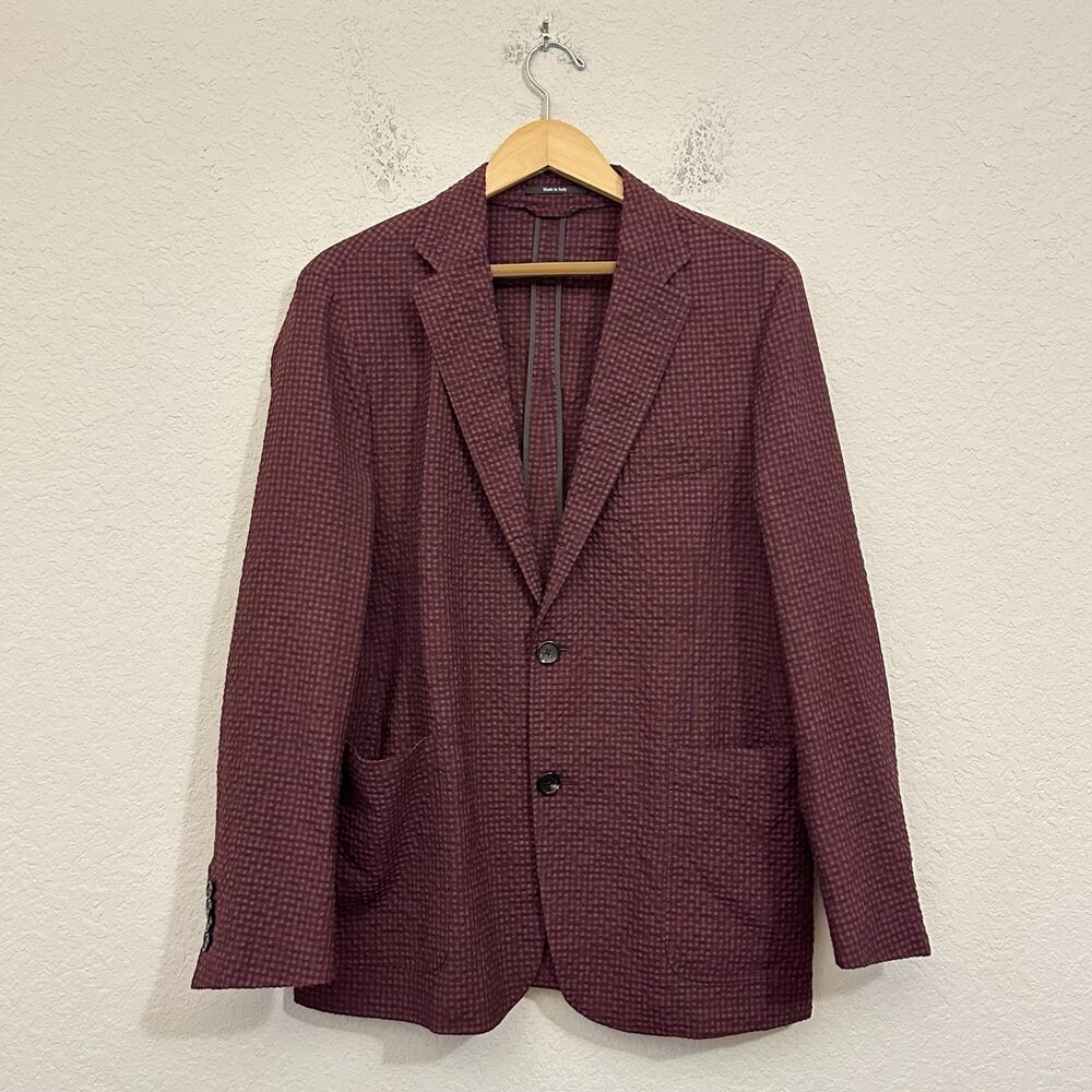 ERMENEGILDO ZEGNA Seersucker Blazer Burgundy Gingham Unlined Wool Silk